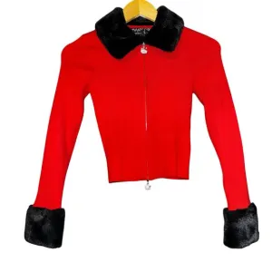Hello Kitty &amp; Friends Faux Fur-Trim Zip Up Sweater Size Small Red Holiday Y2K