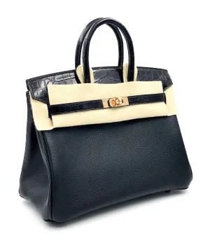 Hermes Birkin 25 Black Touch Shiny Crocodie/ Novillo Rosegold Hardware D Stamp