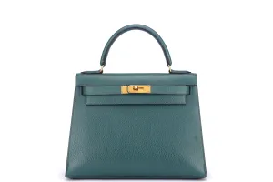 HERMES KELLY 28 SELLIER (STAMP X (1994)) VERT CLAIRE ARDENNES LEATHER GOLD HARDWARE, WITH KEYS, LOCK, STRAP & DUST COVER
