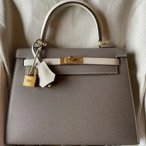 Hermès Kelly 25 Gris Asphalte/Craie Sellier Epsom Brushed Gold Hardware BGHW