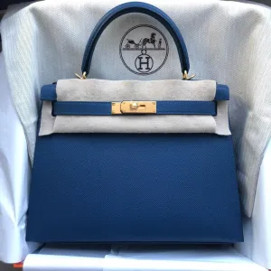Hermès Kelly 28 Deep Blue Sellier Epsom Gold Hardware GHW