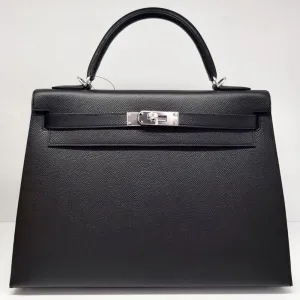 Hermès Kelly 32 Noir (Black) Sellier Epsom Palladium Hardware PHW