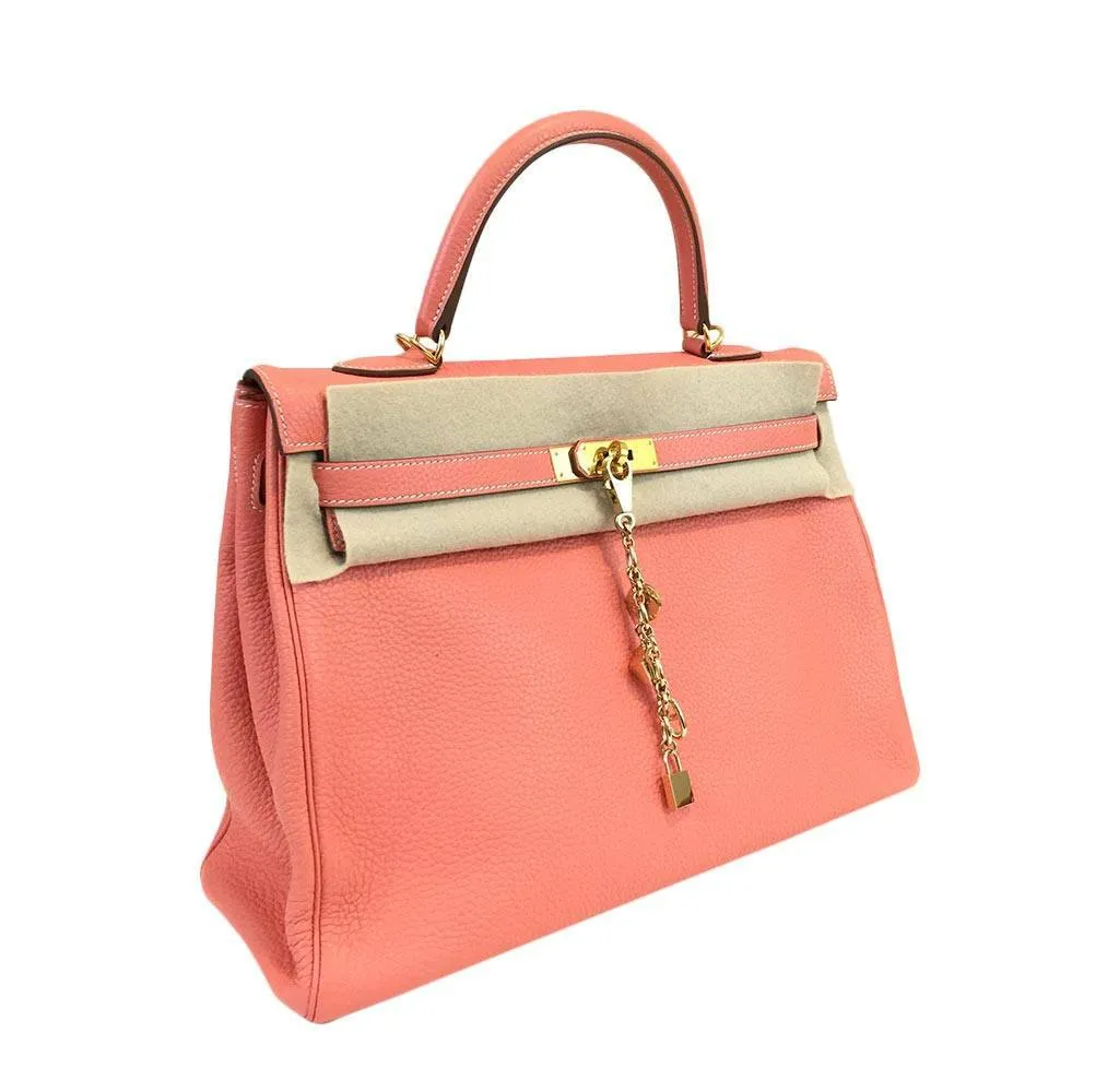 Hermès Kelly 35 Crevette Clemence Leather Bag GHW