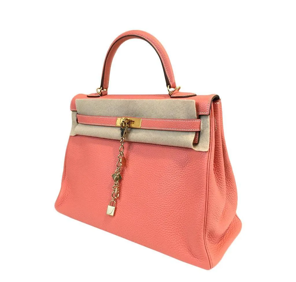 Hermès Kelly 35 Crevette Clemence Leather Bag GHW