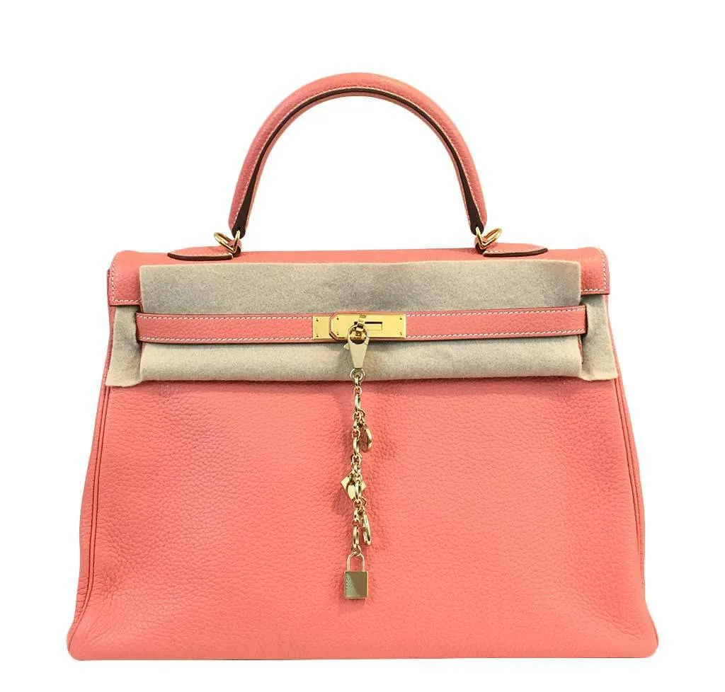 Hermès Kelly 35 Crevette Clemence Leather Bag GHW