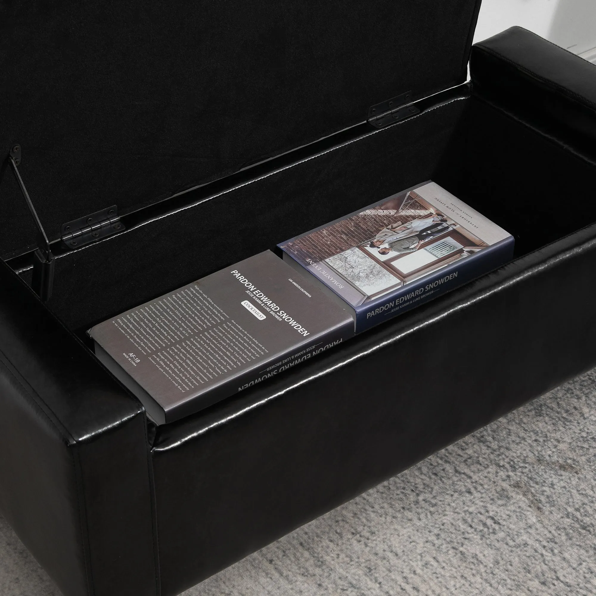 Homcom PU Leather Storage Ottoman Bench Storage Chest Tufted Ottoman Cube w/ Flipping Top 92L x 40W x 40H cm Black