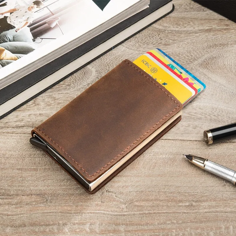 Hot Genuine Leather Rfid Credit Card Holder Wallet Man Retro Small Cardholder Trifold Crazy Horse Card Wallet Men Slim Card Case