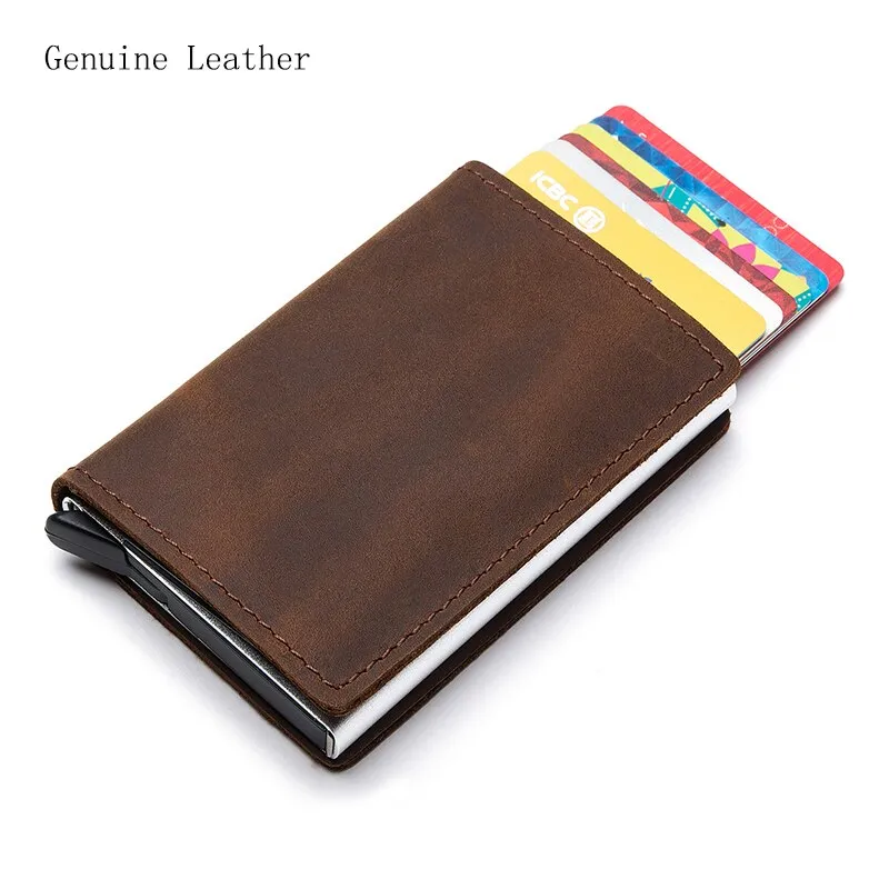 Hot Genuine Leather Rfid Credit Card Holder Wallet Man Retro Small Cardholder Trifold Crazy Horse Card Wallet Men Slim Card Case