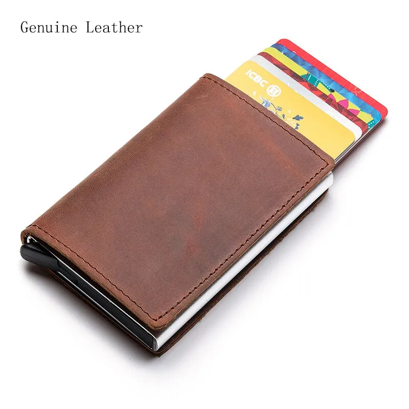 Hot Genuine Leather Rfid Credit Card Holder Wallet Man Retro Small Cardholder Trifold Crazy Horse Card Wallet Men Slim Card Case