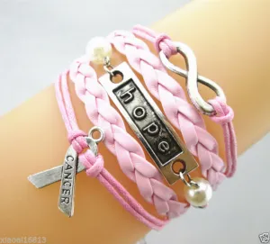 Hot Infinity/Hope/Breast Cancer Awareness Charms Leather Braided Bracelet. Material: Alloy, PU Leather, Wax String. Size: Length is about 17cm-22cm