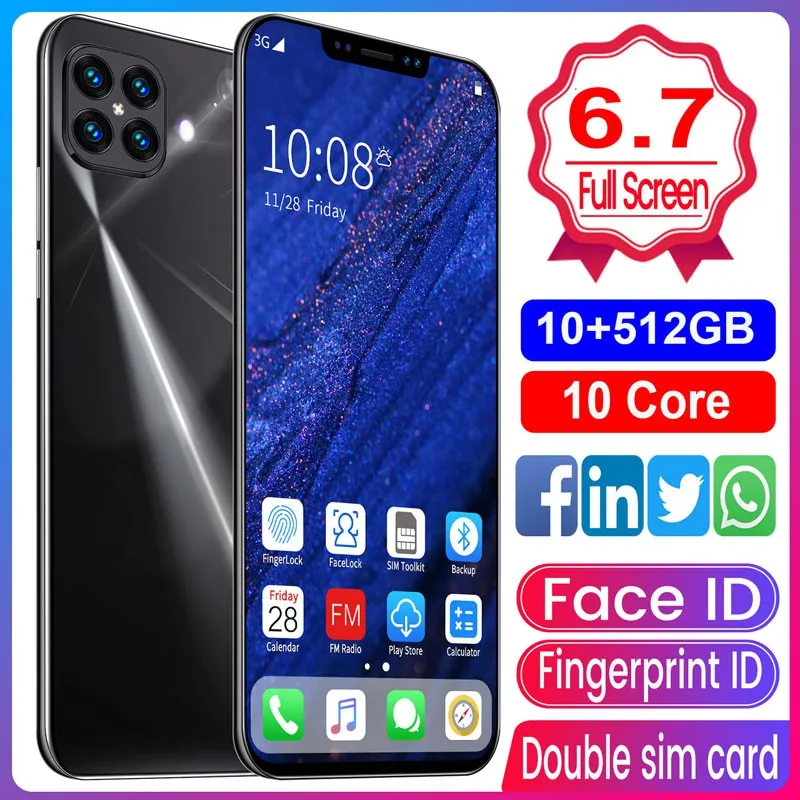 i12 6.7Inch Large Screen Phone Notch Screen Android Quickly Unlock Smartphone(10 512G) black_European plug