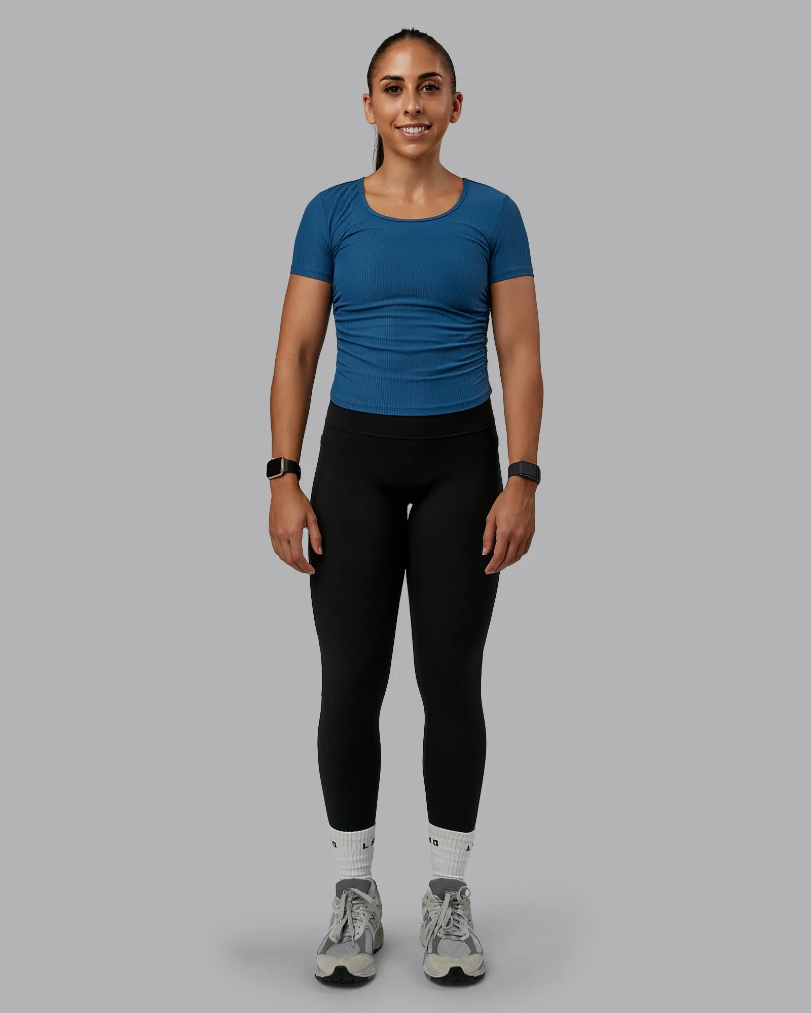 Ignite Ribbed Scrunch Side Cropped Tee - Indigo