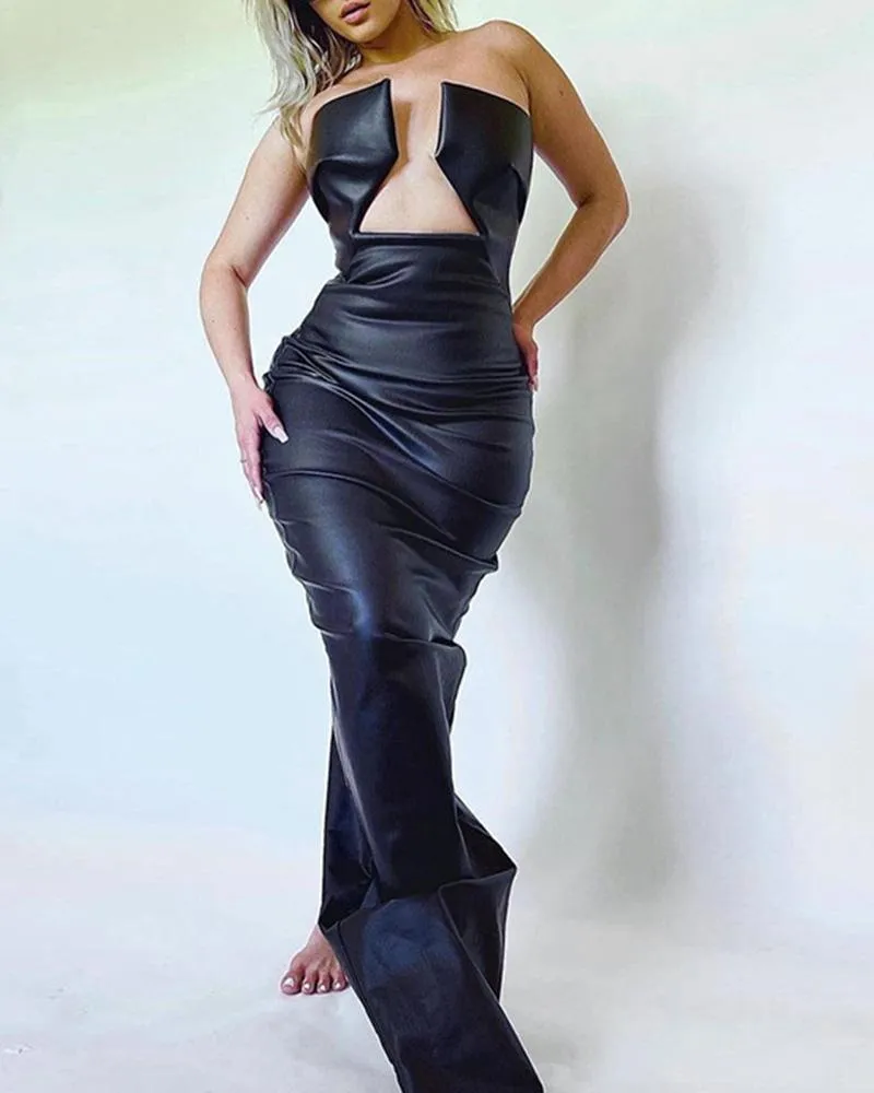 JazzHer Bright PU Leather Maxi Dress