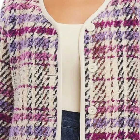 Karen Kane Majestic Magenta Bloucle Plaid Cardigan Sweater Wool Blend NEW Size M
