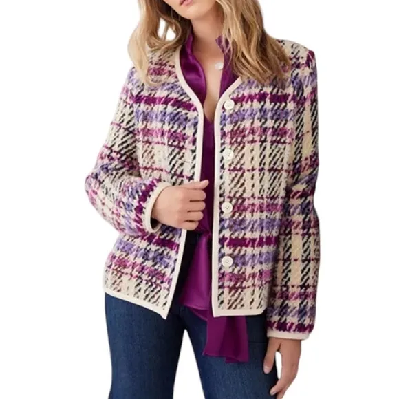 Karen Kane Majestic Magenta Bloucle Plaid Cardigan Sweater Wool Blend NEW Size M