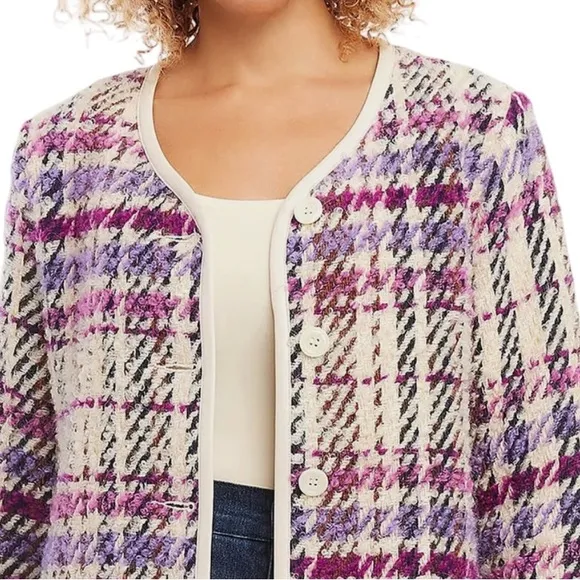 Karen Kane Majestic Magenta Bloucle Plaid Cardigan Sweater Wool Blend NEW Size M
