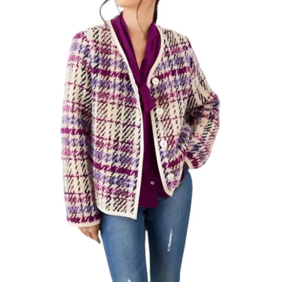 Karen Kane Majestic Magenta Bloucle Plaid Cardigan Sweater Wool Blend NEW Size M