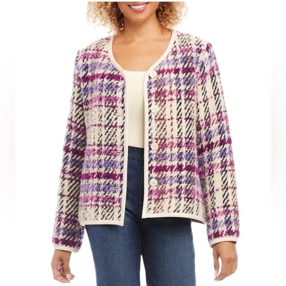 Karen Kane Majestic Magenta Bloucle Plaid Cardigan Sweater Wool Blend NEW Size M