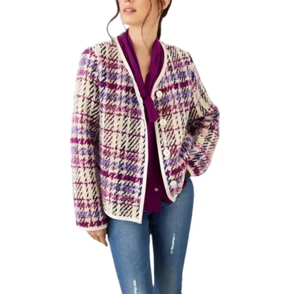 Karen Kane Majestic Magenta Bloucle Plaid Cardigan Sweater Wool Blend NEW Size M