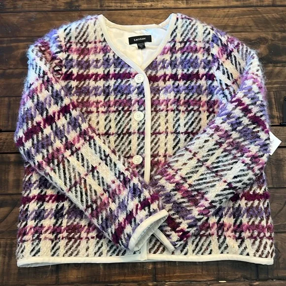 Karen Kane Majestic Magenta Bloucle Plaid Cardigan Sweater Wool Blend NEW Size M