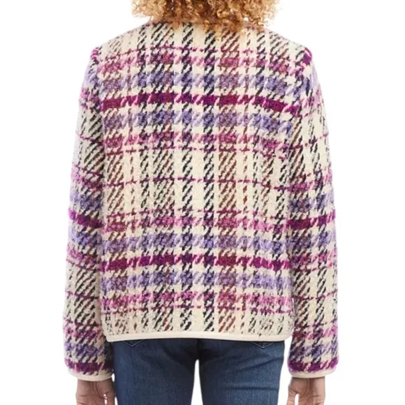 Karen Kane Majestic Magenta Bloucle Plaid Cardigan Sweater Wool Blend NEW Size M