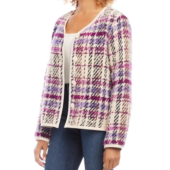 Karen Kane Majestic Magenta Bloucle Plaid Cardigan Sweater Wool Blend NEW Size M