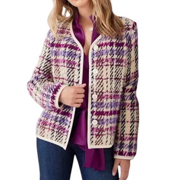 Karen Kane Majestic Magenta Bloucle Plaid Cardigan Sweater Wool Blend NEW Size M