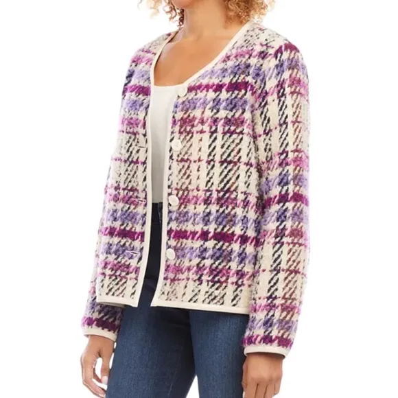 Karen Kane Majestic Magenta Bloucle Plaid Cardigan Sweater Wool Blend NEW Size M