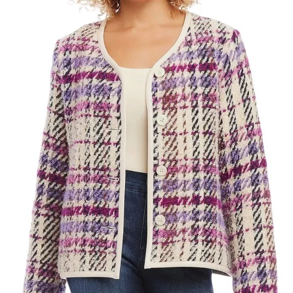 Karen Kane Majestic Magenta Bloucle Plaid Cardigan Sweater Wool Blend NEW Size M