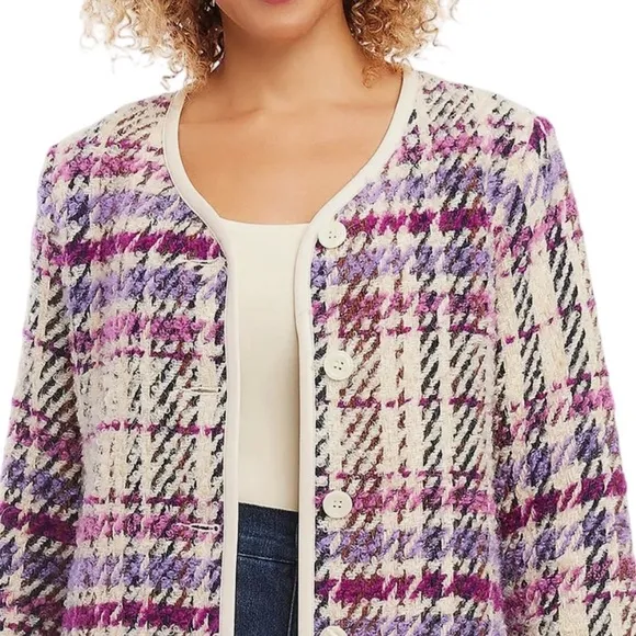 Karen Kane Majestic Magenta Bloucle Plaid Cardigan Sweater Wool Blend NEW Size M