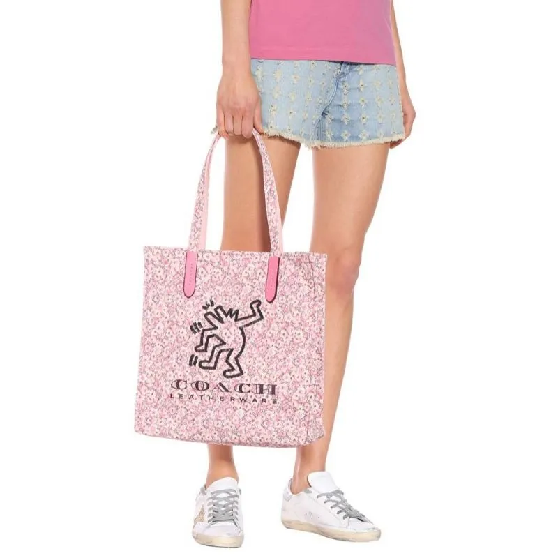 Keith Haring Dancing Man Embellished Floral Print Canvas Tote