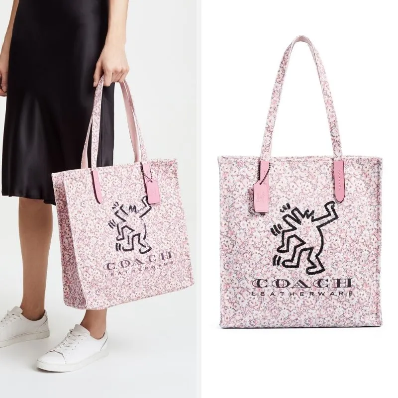 Keith Haring Dancing Man Embellished Floral Print Canvas Tote