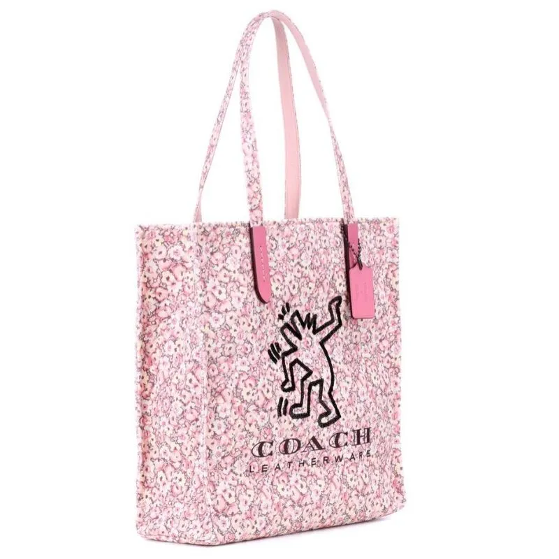 Keith Haring Dancing Man Embellished Floral Print Canvas Tote