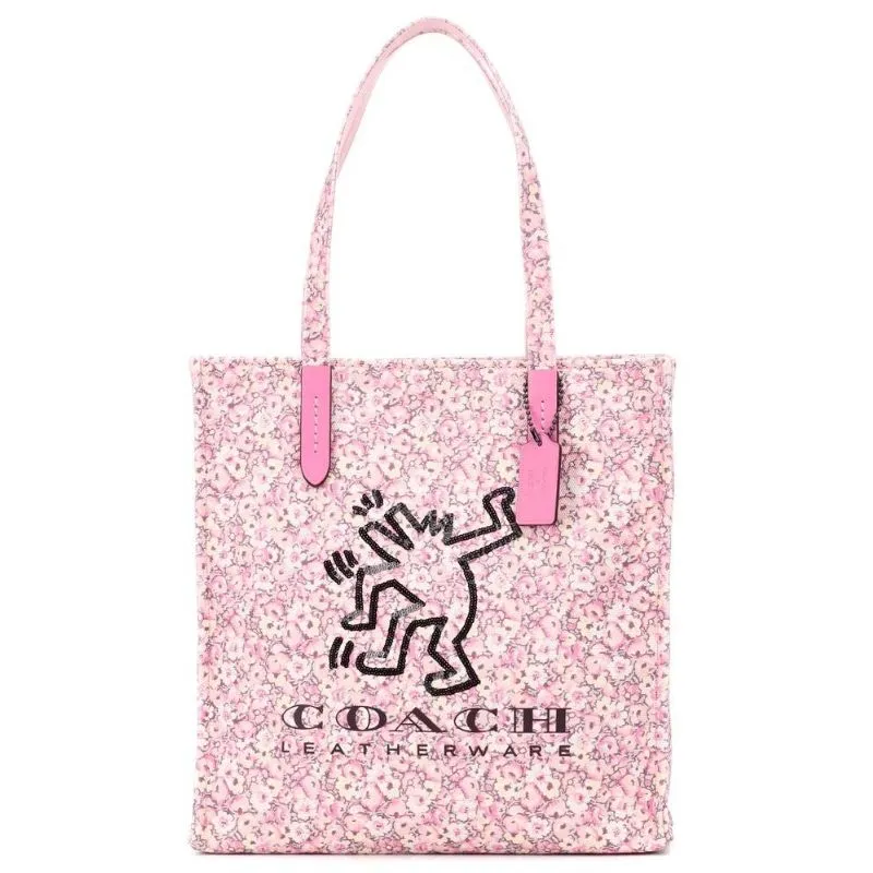 Keith Haring Dancing Man Embellished Floral Print Canvas Tote