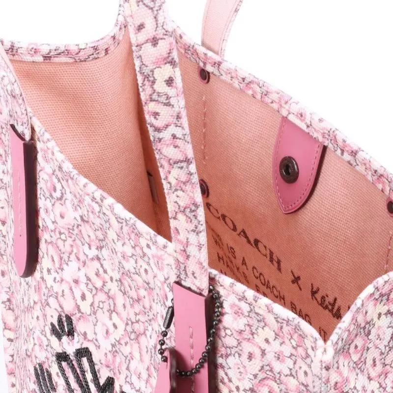 Keith Haring Dancing Man Embellished Floral Print Canvas Tote