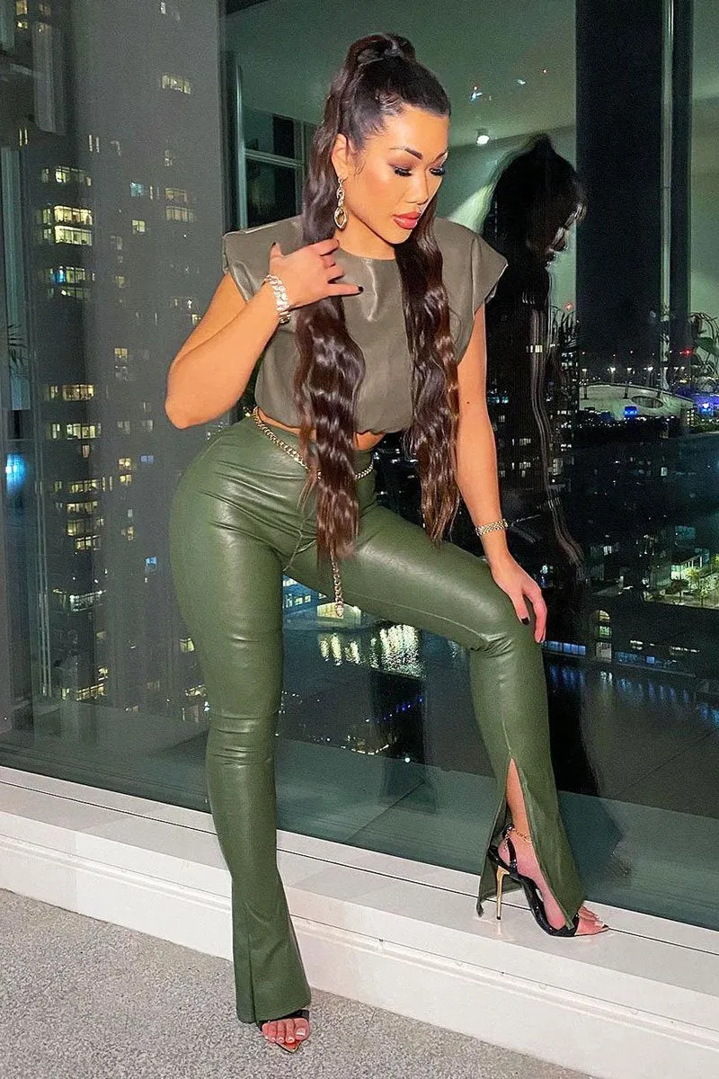Khaki Side Split Flared Skinny PU Trouser - Zylah