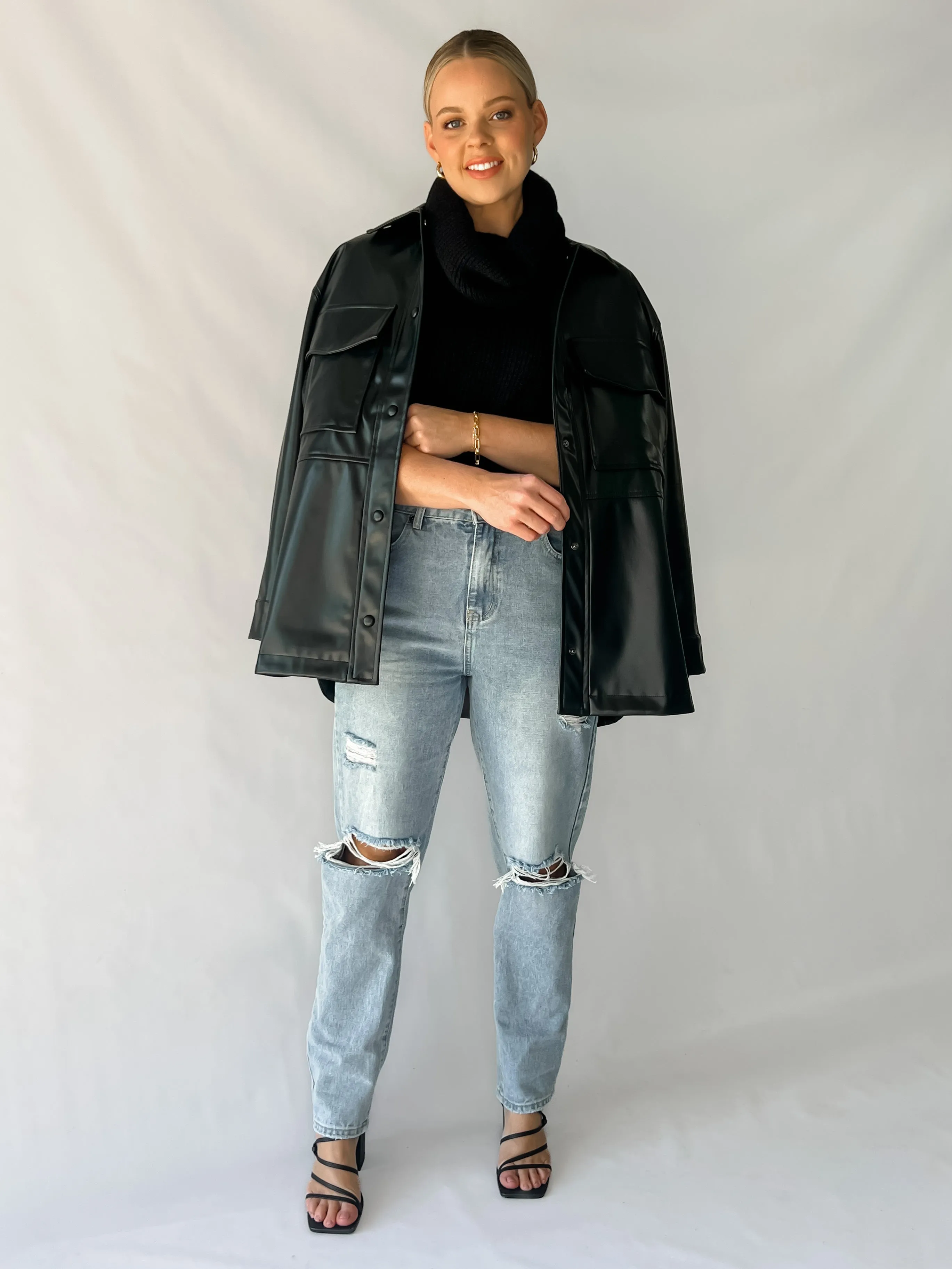 LA LA FAUX LEATHER JACKET - BLACK