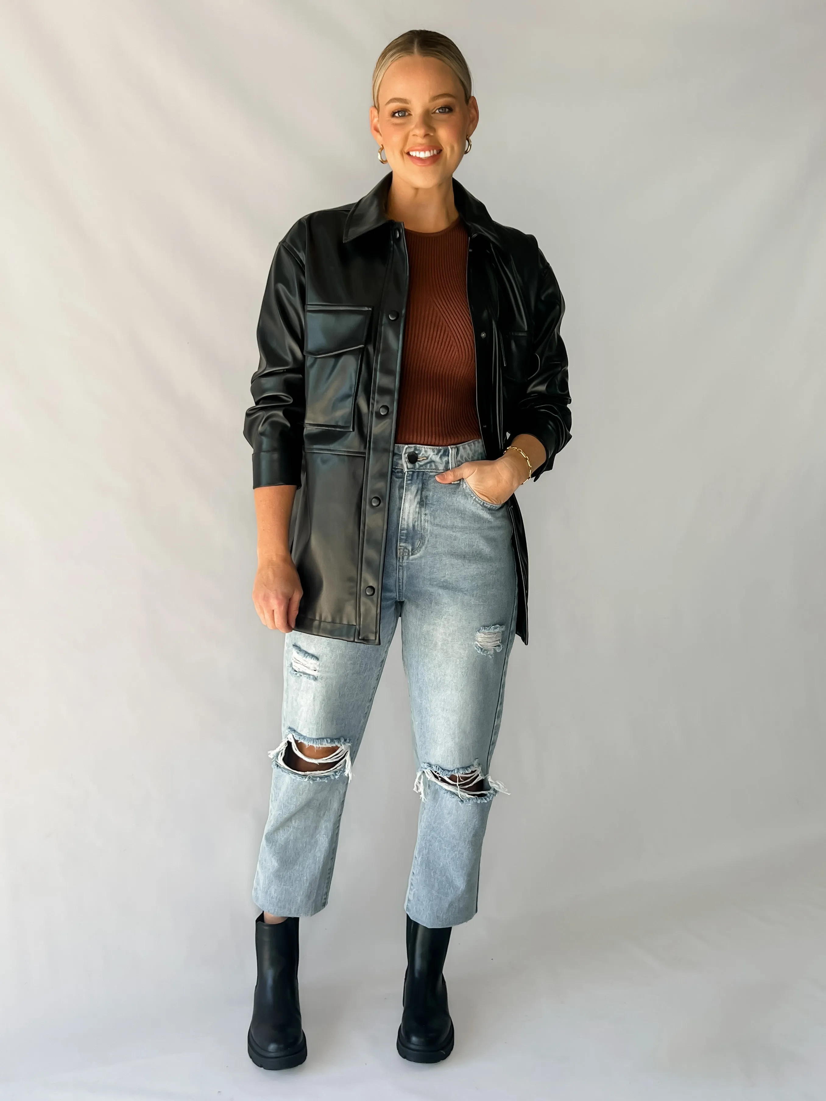 LA LA FAUX LEATHER JACKET - BLACK