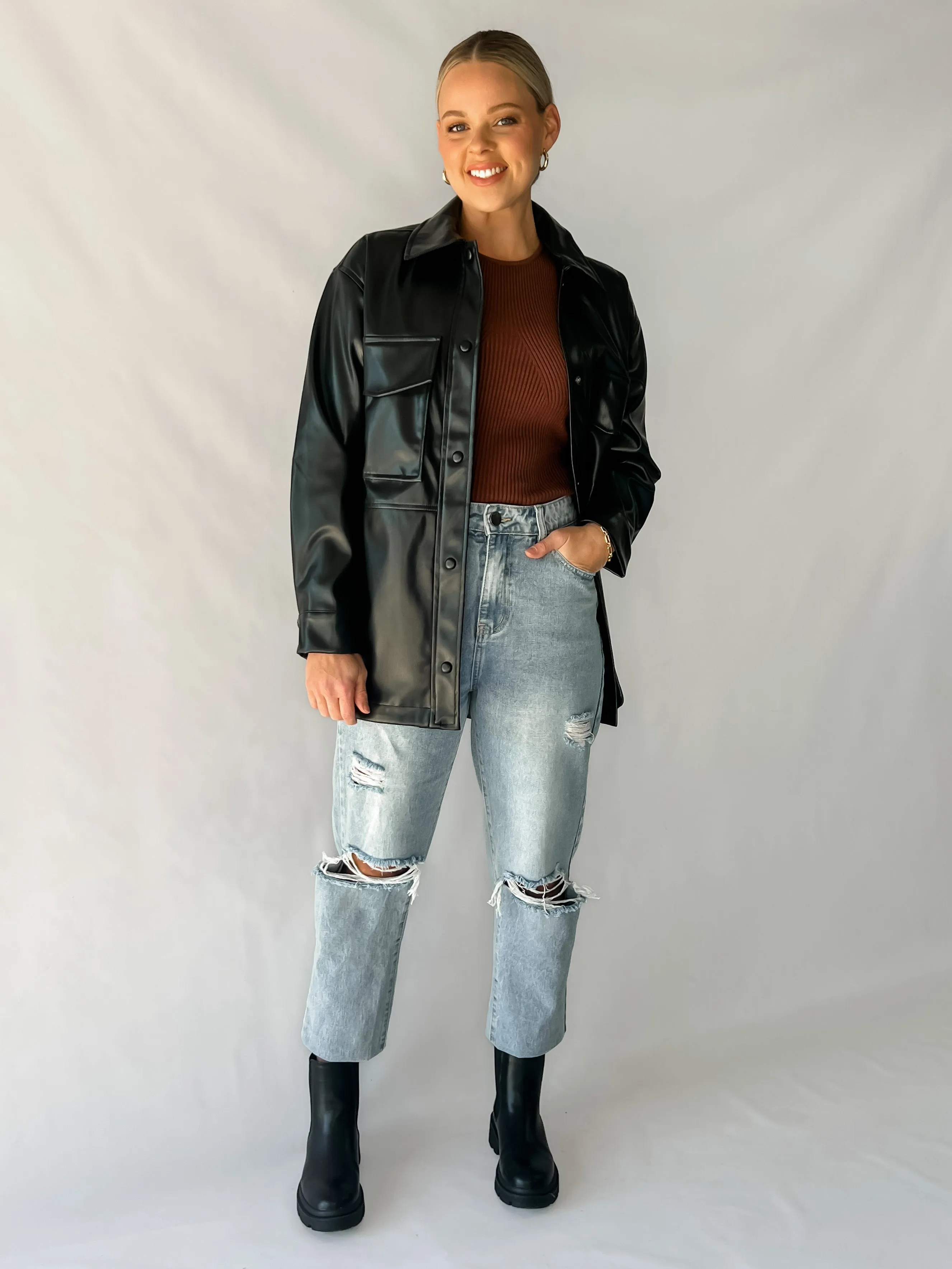 LA LA FAUX LEATHER JACKET - BLACK
