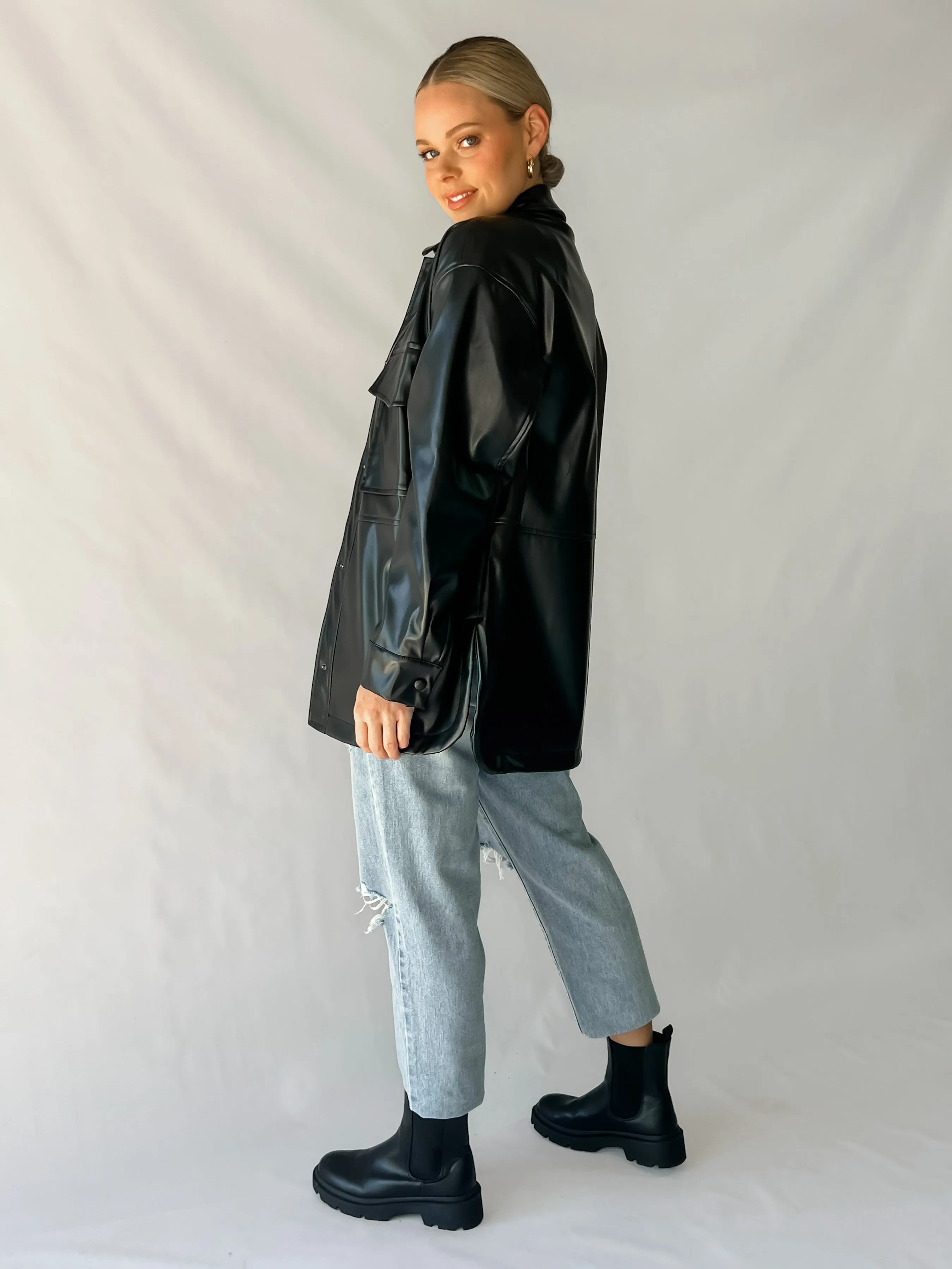LA LA FAUX LEATHER JACKET - BLACK