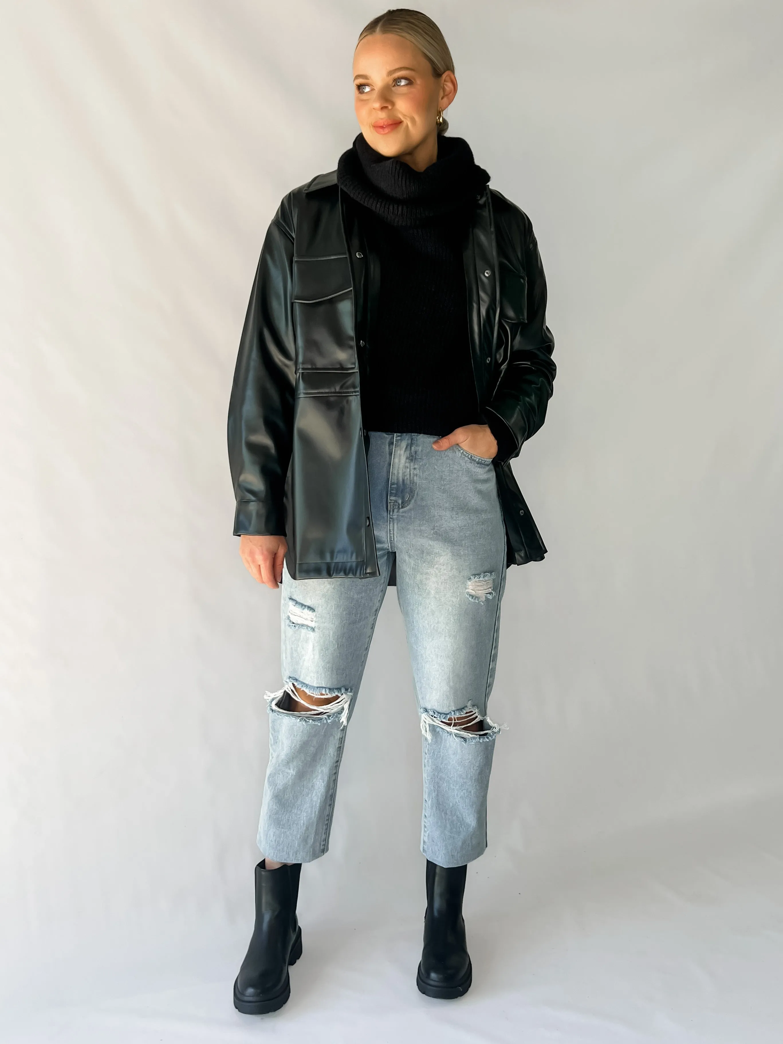 LA LA FAUX LEATHER JACKET - BLACK