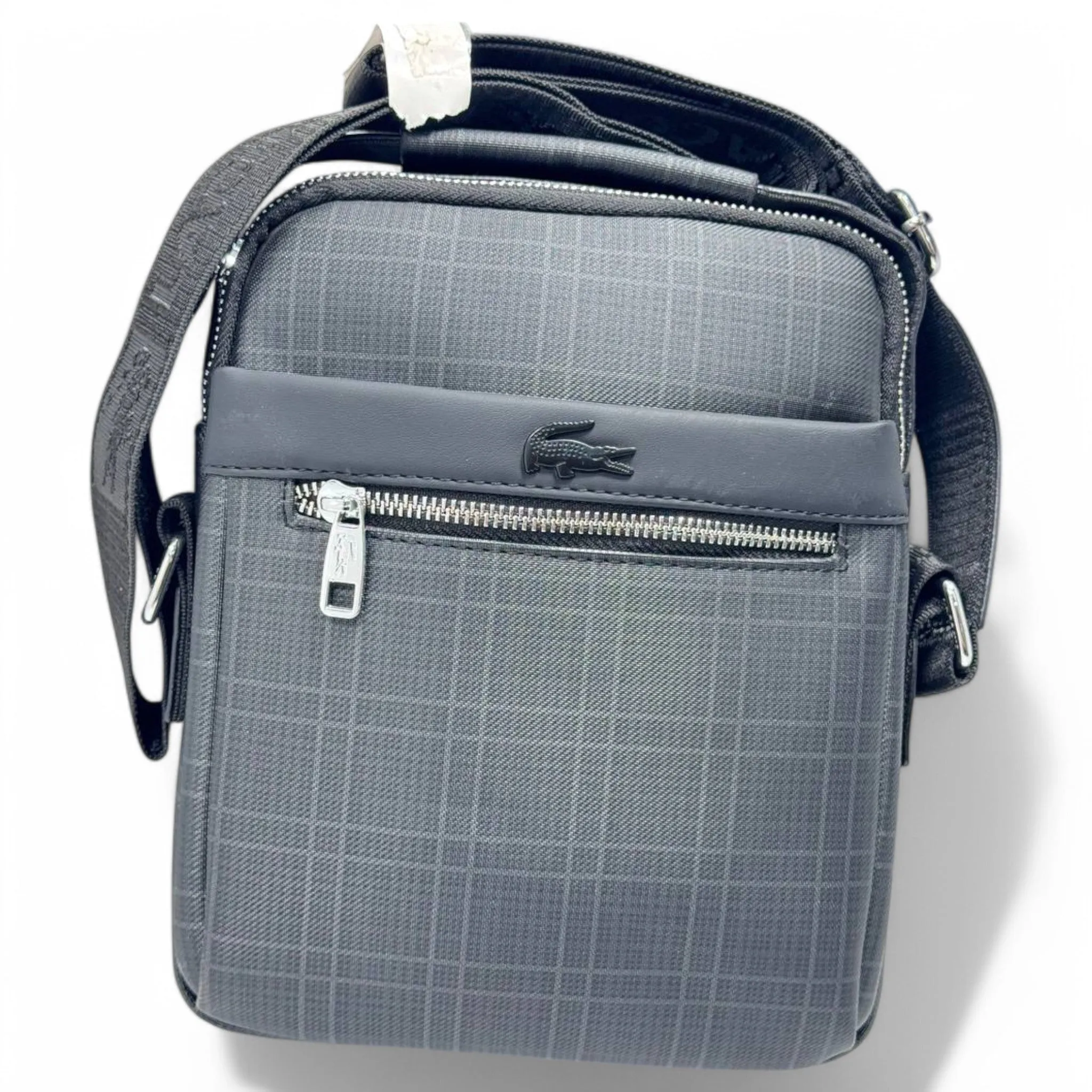 Lacoste Grey Checkered Crossbody Bag with Embossed Crocodile Logo