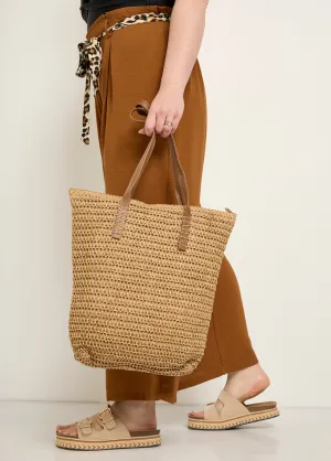 Large straw bag, faux leather handles