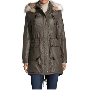 Laundry by Shelli Segal Faux Fur Hood Trim Waxy Anorak Parka Coat Size S