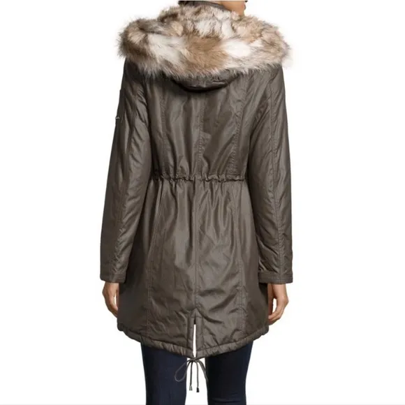 Laundry by Shelli Segal Faux Fur Hood Trim Waxy Anorak Parka Coat Size S