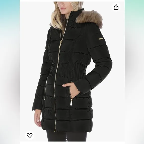 Laundry by Shelli Segel- Puffer Jacket w/Faux Fur Trim Hood, Black, Size XL,