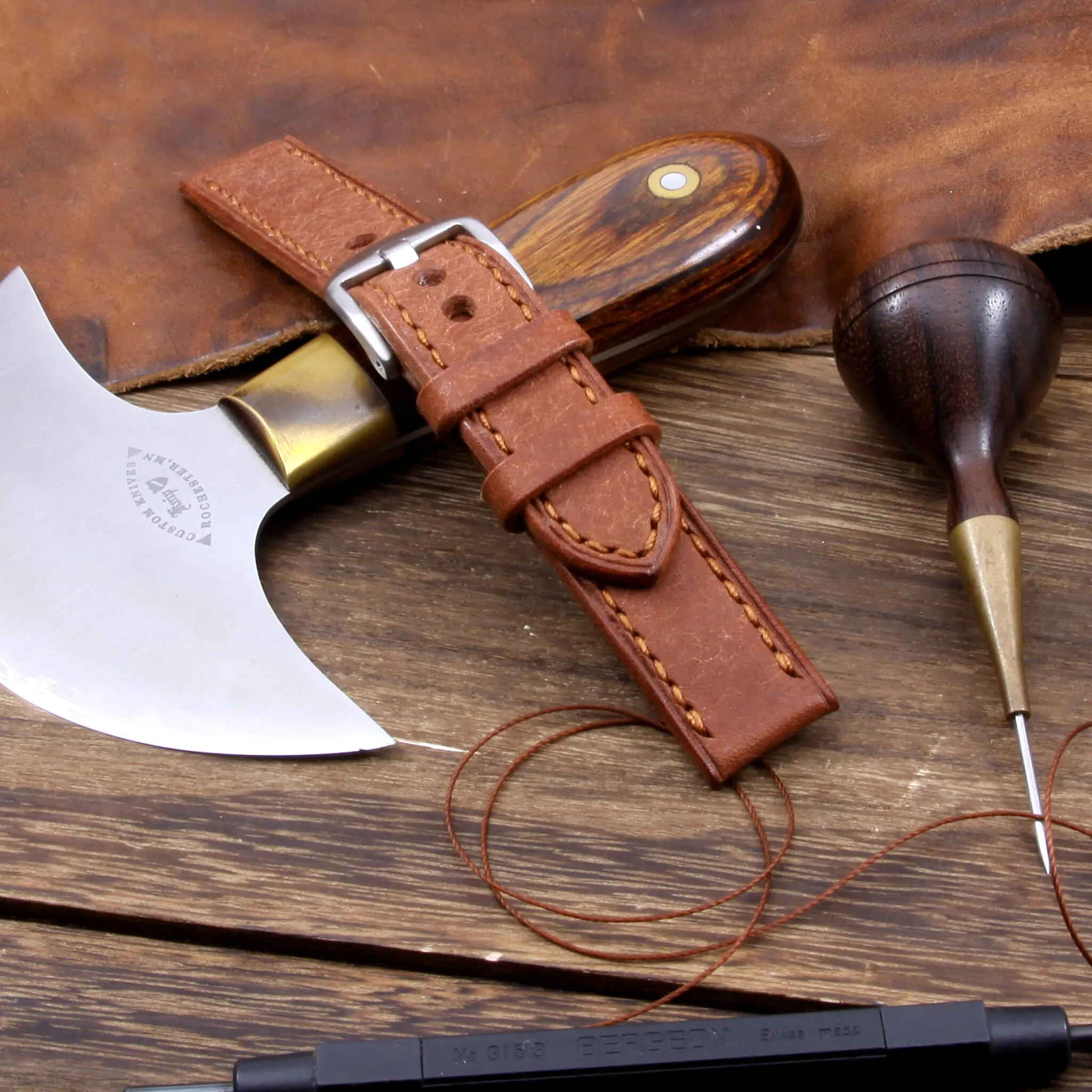 Leather Watch Strap, Rustic Russet | Full Stitch