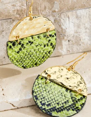 Lime and Black Leather Semicircle and Hammered Gold Earrings