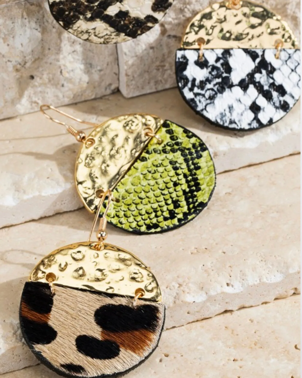 Lime and Black Leather Semicircle and Hammered Gold Earrings