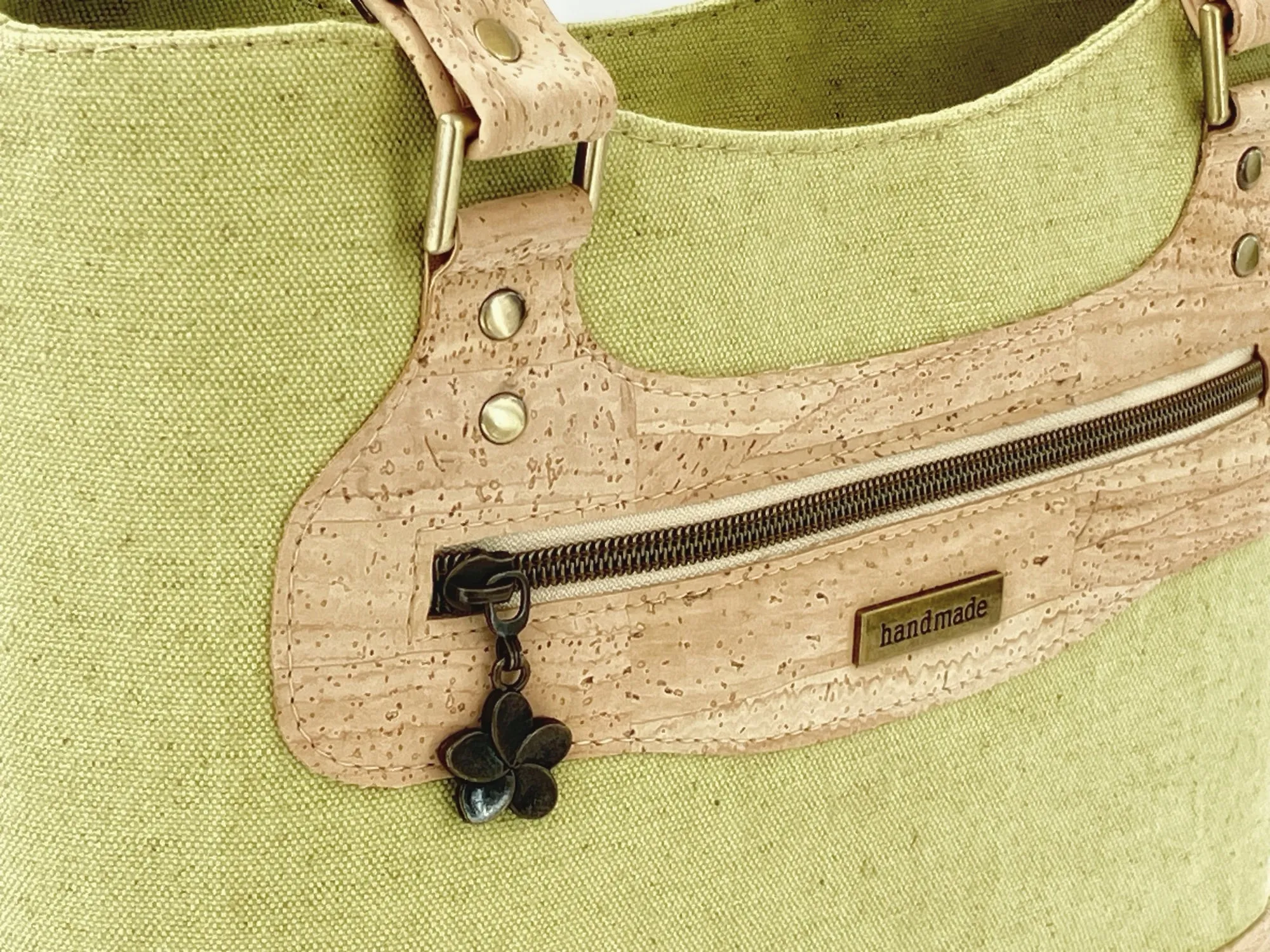 Mangrove Green Canvas and Cork Structured Handbag with Zipper Closure